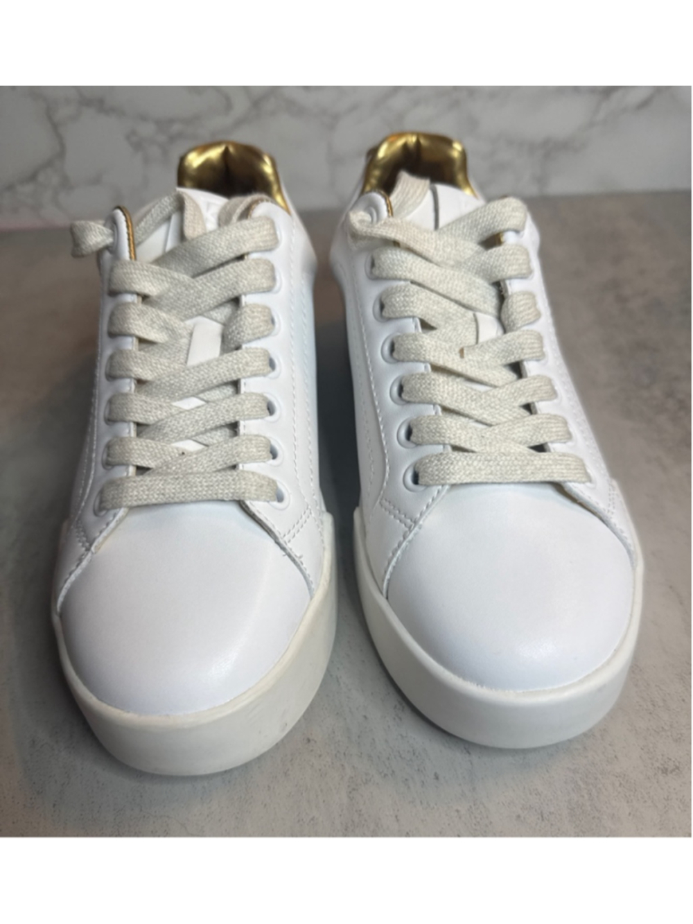 Donna Karan White Gold Leather Low Top Sneakers